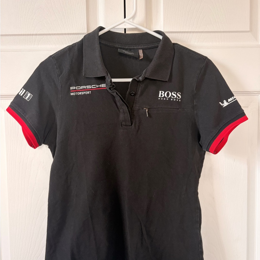 Hugo Boss Black Polo Red Sleeve Trim and Porsche Motorsport Branding